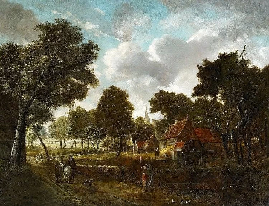 Mulino ad acqua e villaggio in un paesaggio boscoso